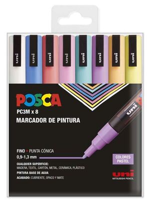 PACK POSCA PC3M X8 COLORES PASTELES FINO PUNTA CONICA 0,9-1,3MM.